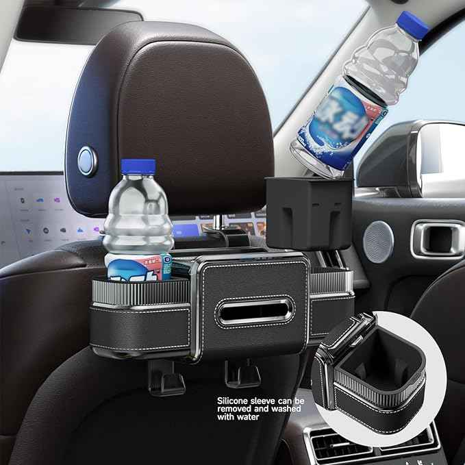 Multifunctional Car Seat Back Organizer Box with Drink Cup Holder, Makeup Mirror, Tissue Box& Hooks for Car Seat Back, New Upgrade Car Headrest Backseat Organizer Suitability for Wife, Girlfriend