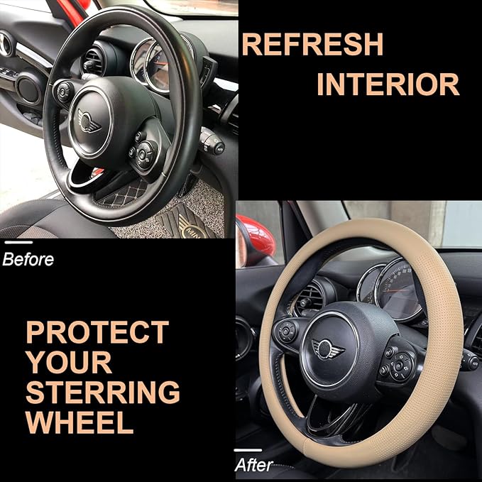 PINCTROT Large Size Nappa Leather Steering Wheel Cover, Slim Fit No Bulk Design, One Piece Leather with Breathable Perforation, Fit Like Gloves, 15.5-15.75 Inch(Nappa Light Taupe)