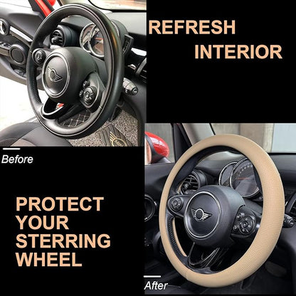 PINCTROT Large Size Nappa Leather Steering Wheel Cover, Slim Fit No Bulk Design, One Piece Leather with Breathable Perforation, Fit Like Gloves, 15.5-15.75 Inch(Nappa Light Taupe)