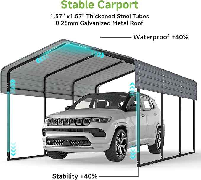 10x15FT Metal Carport,Heavy Duty Carport with Reinforced Frame and Galvanized Steel Roof, Outdoor Garage Shelter Shade Car Port for Pickup Trucks, Boats, Cars & Tractors, Farm Tools, Party, Gray