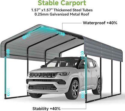 10x15FT Metal Carport,Heavy Duty Carport with Reinforced Frame and Galvanized Steel Roof, Outdoor Garage Shelter Shade Car Port for Pickup Trucks, Boats, Cars & Tractors, Farm Tools, Party, Gray