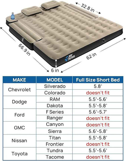 JOYTUTUS Truck Bed Mattress for 5.5-5.8Ft, Full Size Inflatable Mattress Pickup Short Beds for Outdoor Camping, with Carry Bag & Cup Holder & Cavity Design, Camel&Black