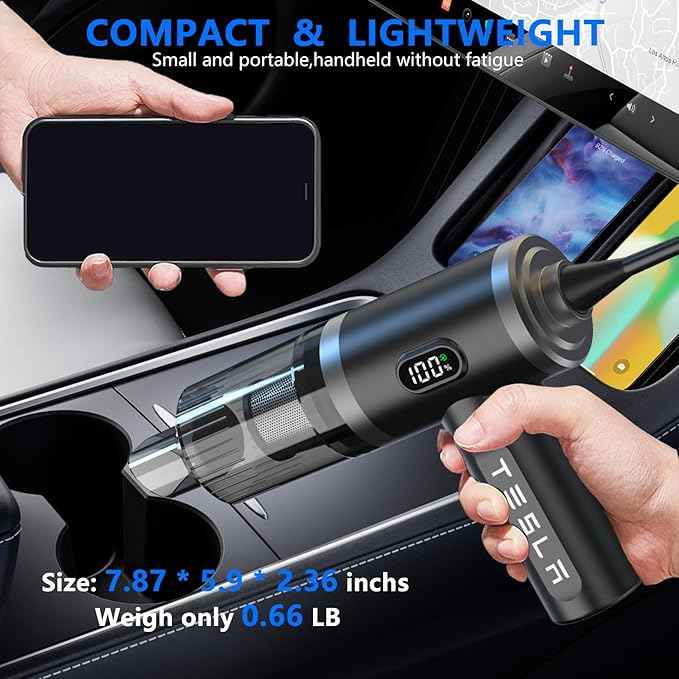 Foldable Car Vacuum Cleaner for Tesla Model 3 Y X S, 4-in-1 Cordless Handheld Vacuum,12000PA High Power, Tesla Mini Portable Car Vacuum with LED, Tesla Model Y 3 X S Accessories 2025-2017