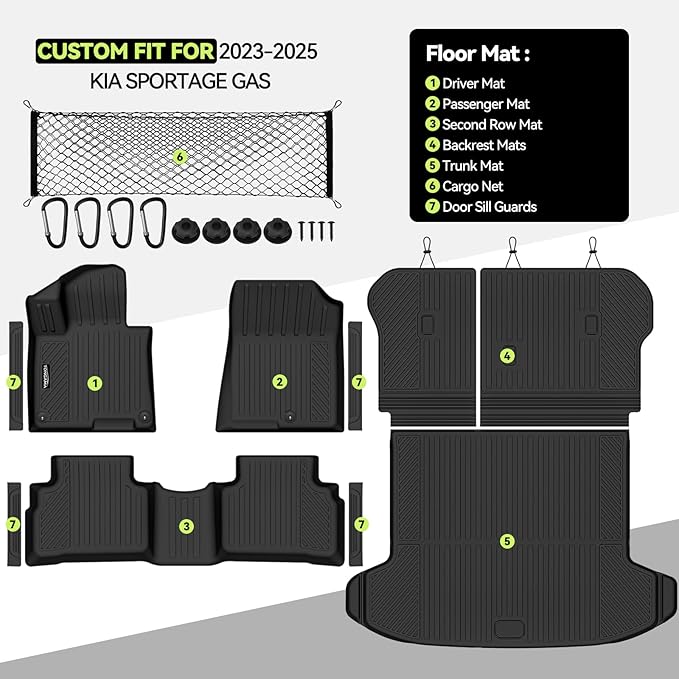 Tongama-Floor Mats for 2023-2025 Kia Sportage Gas, All Weather TPE Trunk Mat and Backrest Mats Protector and Cargo Net and Door Sill Guards for Kia Sportage Floor Liner Accessories