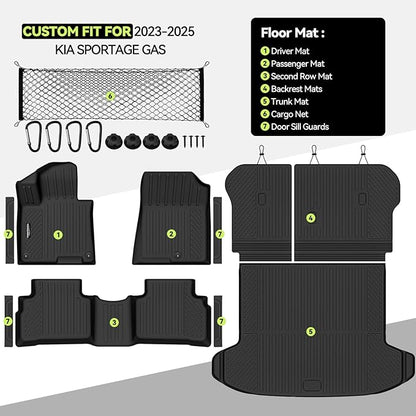 Tongama-Floor Mats for 2023-2025 Kia Sportage Gas, All Weather TPE Trunk Mat and Backrest Mats Protector and Cargo Net and Door Sill Guards for Kia Sportage Floor Liner Accessories