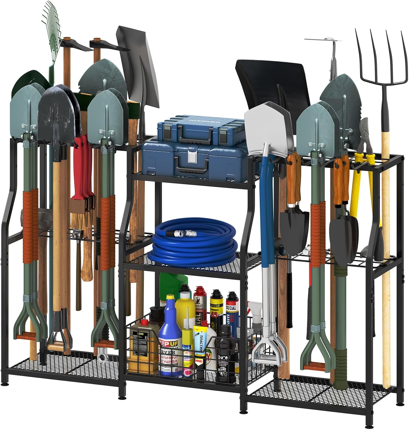 keomaisyto Garden Tool Organizer, Heavy Duty Yard Tool Tower Rack for Garage Organization and Storage, 3 Tier Utility Garden Tool Rack with hooks for Garden/Shed/Garage/Yard/Basement/Lawn