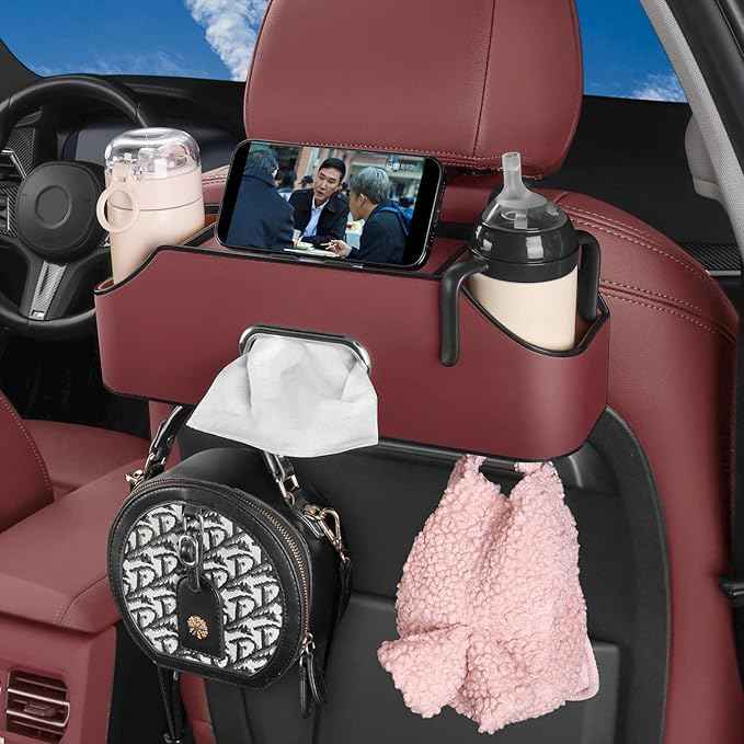 HOLDCY Car Back Seat Organizer with 2 Drink Cup Holder - Tissue Box and Storage Box Hook - Multi-functional Storage - Great for Kids and Travel (Red)