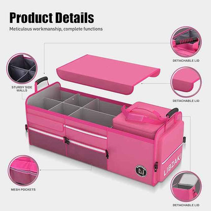 LIBZAKI Oversize 4 in 1 Car Trunk Storage Organizer, Multi Compartment Collapsible Trunk Storage Box with Cooler Bag for Car Truck SUV-Rose red