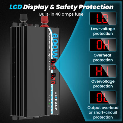 600W Power Inverter Pure Sine Wave Inverter 12V DC to 120V AC Converter for Car, Truck, Home, Vehicles, Laptop, Car Inverter 12V to 110V with 2 AC Outlets, 2 USB Ports, LCD Display
