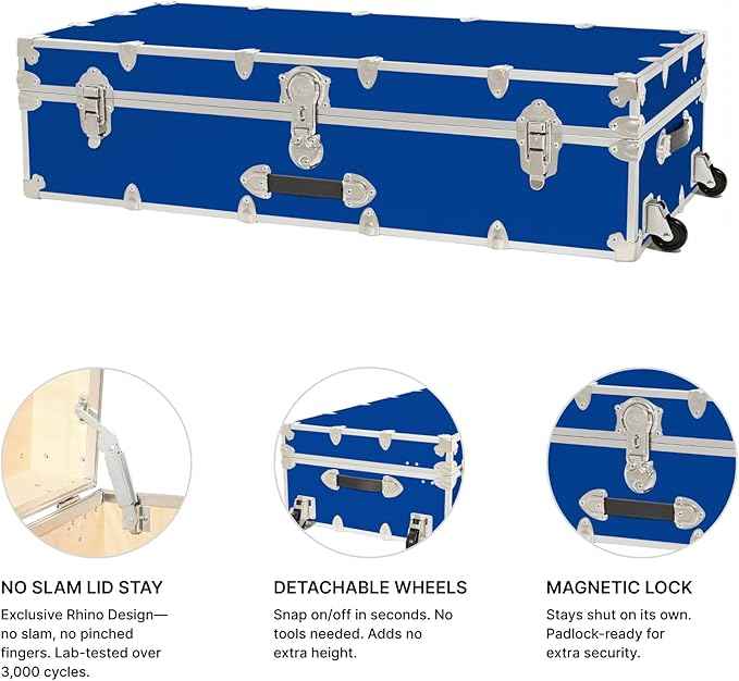 Rhino Trunk & Case Trundle Home Storage & College Trunk With Wheels - 44”x20”x12” - 1500+ lbs Capacity. USA Made Secure Under-Dorm Bed Footlocker for Clothes and Food, and Underbed Shoe Storage Box