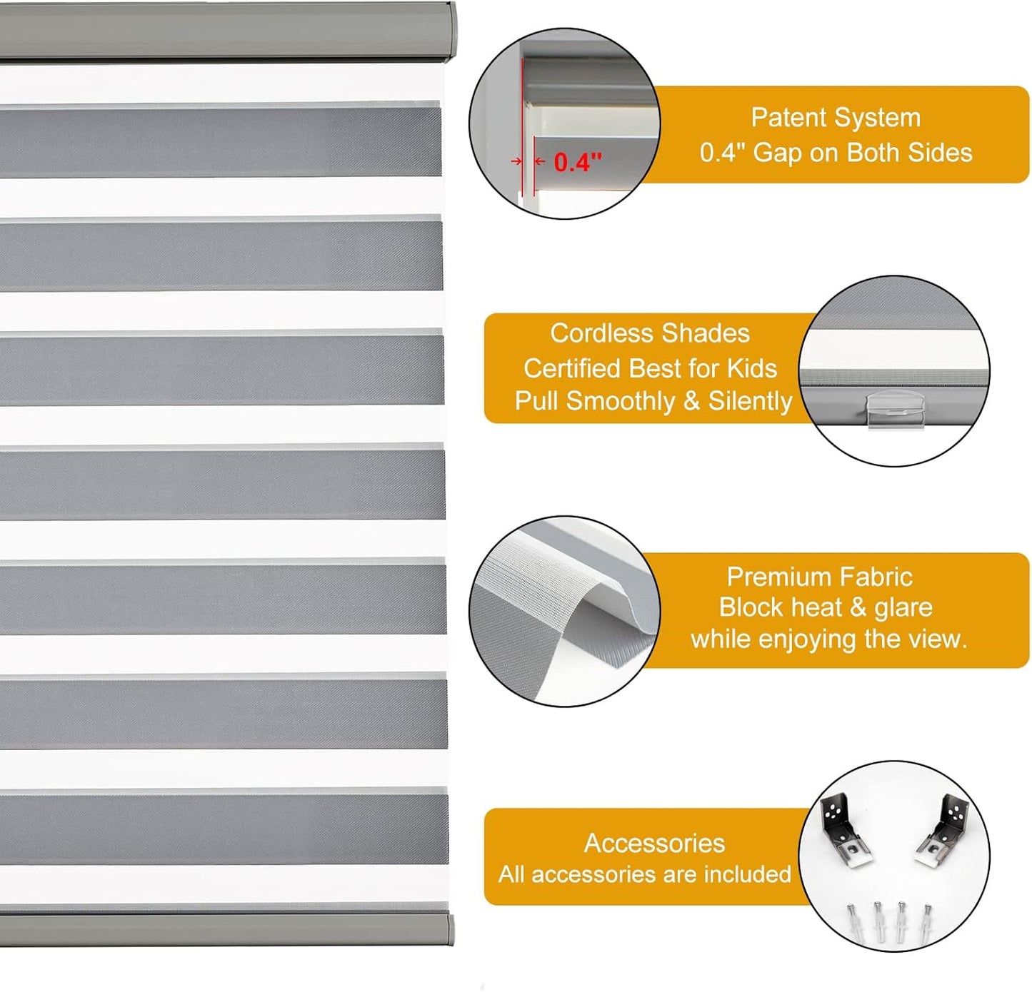 Persilux Window Zebra Blinds, Roller Blinds Cordless (52" W x 72" H, Grey) Light Filtering Sheer Window Treatments, Light Control for Day and Night, Easy to Install…