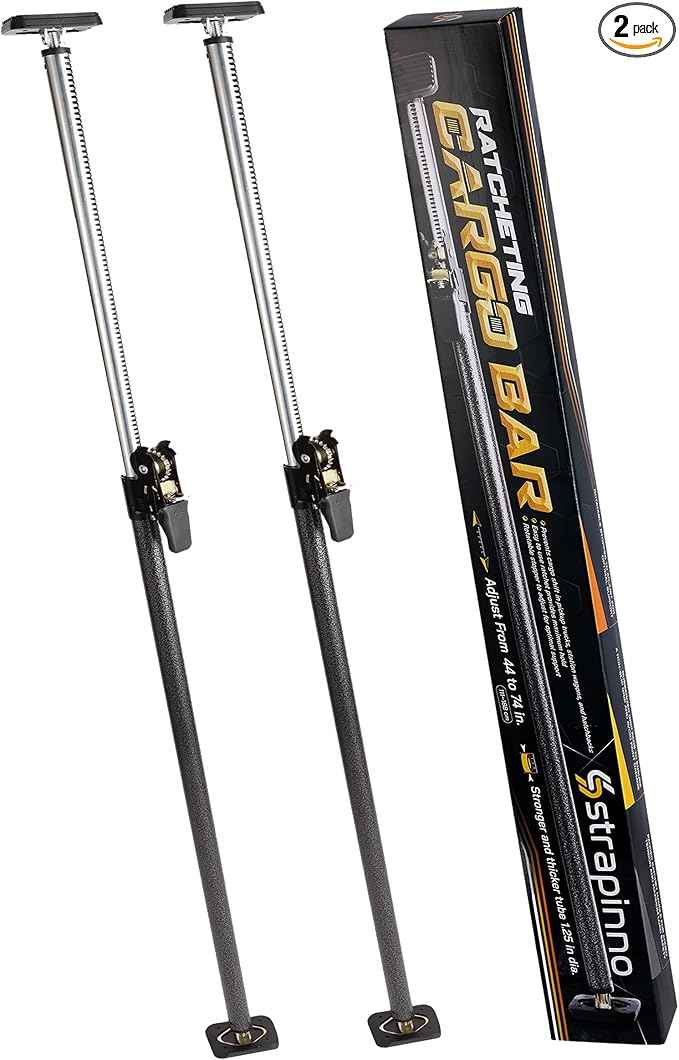 Strapinno - Ratcheting Cargo Bar 44"-74", Non-Slip Truck Bed Divider, Easy Setup, Strong 1.25" Tube, Adjustable Stabilizer for Pickup Trucks - 2-Pack
