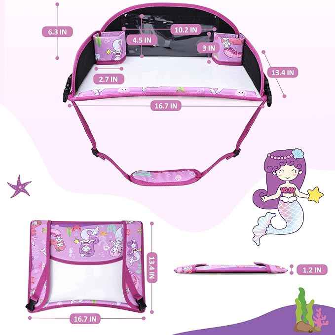 Kids Travel Tray for Toddler Carseat, Road Trip Activities Essentials for Toddler, Kids Lap Desk Tray with Tablet Holder Stand ＆ Dry Erase Board (Mermaid)