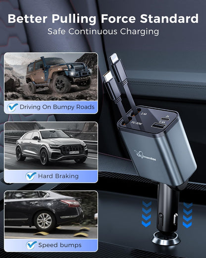 Retractable 70W USB Car Charger Adapter, 4 in 1 Fast Phone Charger, 2 Retractable Cords, USB C, Compatible with iPhone 16/15/15 Pro Max/14/13/12/11, Samsung