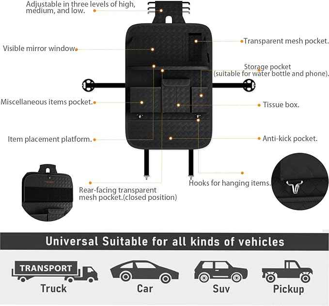 Car Seat Organizers,Multi-functional Back Seat Protectors, Storage Pouches, and Tray Holders (for Cars, Kids, Seat Back and Rear Seats) (Woven Black, 1 Pcs)