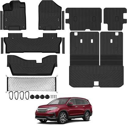 Tongama-Floor Mats for 2016-2022 Honda Pilot 8 Seats/Bench Seat(No Elite Models), All Weather TPE Trunk Mat with Backrest Mat & 2nd Row Backrest Mats & Cargo Net & Door Sill Guards Accessories