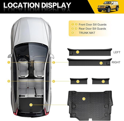 Trunk Mat with Door Sill Guards for 2021-2025 Jeep Wrangler JL Unlimited 4XE Accessories All Weather Rear Trunk Liner Door Sill Protector for 21-25 JL JLU 4XE 4 Door(Not for 4X4)
