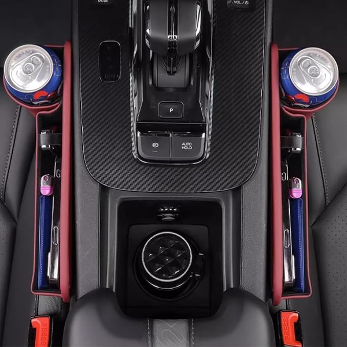 Car Seat Gap Storage Bag for Tesla Model 3 S X Y 2012-2025, 2 Pack Universal Leather Front Filler Organizer Box with Cup Holder, Premium for Keys Phone Glasses Cards,A/Black