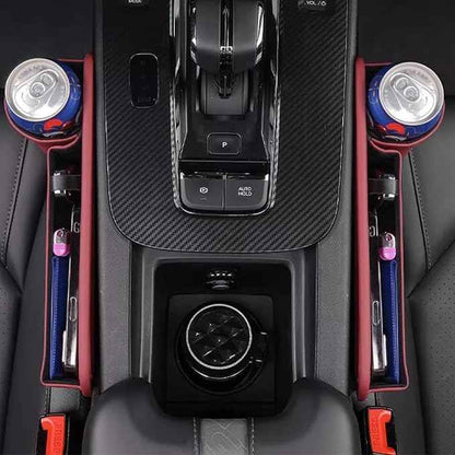 Car Seat Gap Storage Bag for Tesla Model 3 S X Y 2012-2025, 2 Pack Universal Leather Front Filler Organizer Box with Cup Holder, Premium for Keys Phone Glasses Cards, D/Coffee