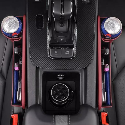 Car Seat Gap Storage Bag for Tesla Model 3 S X Y 2012-2025, 2 Pack Universal Leather Front Filler Organizer Box with Cup Holder, Premium for Keys Phone Glasses Cards, C/Red