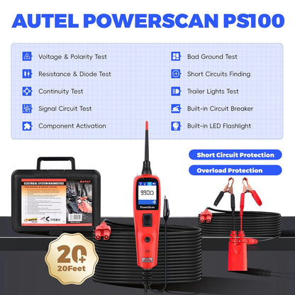 Autel PowerScan PS100 Circuit Tester, 12V 24V Automotive Electrical Tester, Circuit Breaker Finder, AC/DC/Continuity/Signal Test, Component Activation, Power Circuit Probe Kit with 40ft Cable