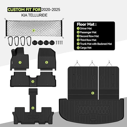 Tongama-Floor Mats for 2020-2025 Kia Telluride, All Weather TPE Trunk Mat with Backrest Mat and Cargo Net for Kia Telluride Floor Liner Accessories
