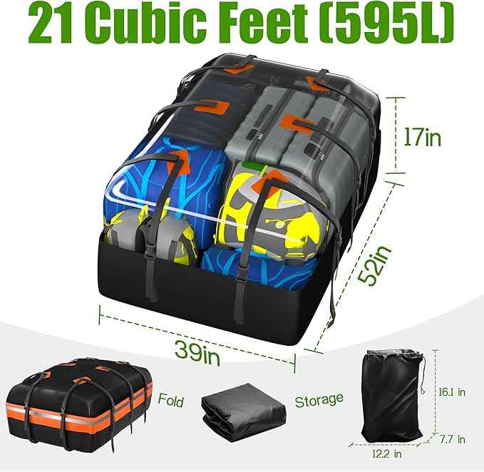 Rooftop Cargo Carrier - Car Roof Bag, 1000D PVC Soft-Shell Waterproof for Cars with/Without Racks, Includes Anti-Slip Mat, Storage Bag, Luggage Lock, 6 Extra Straps, 21 Cubic Feet