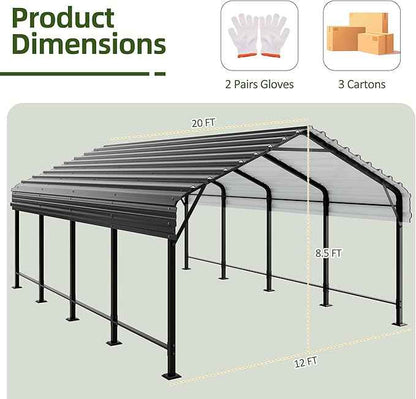 Shintenchi 12x20 FT Metal Carport, Oversized Carport Garage with Enhanced Base, Outdoor Galvanized Car Shelter, Heavy Duty Carports Canopy, for Car, Boats and Tractors, Grey
