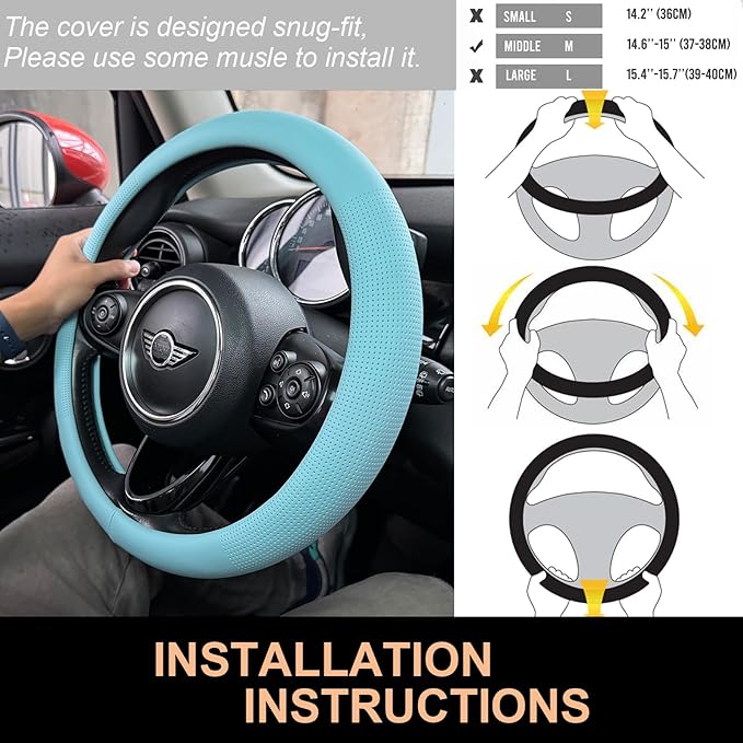 PINCTROT Nappa Leather Steering Wheel Cover, Slim Fit No Bulk Design, One Piece Leather with Breathable Perforation, Fit Like Gloves, Universal 14.5-15 Inch(Nappa Aqua)
