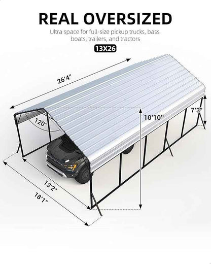 GarveeLife 13 ft x26 ft x11 ft Oversized Metal Carport, Steel Heavy Duty Car Ports for All-Weather, Tall Carport for Full-Size Pickup Trucks, Boats, and Tractors, N.W. 780 LBS