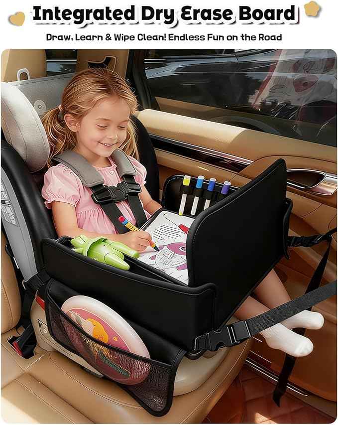 Leather Kids Travel Tray for Car - Car Seat Tray for Kids Travel, Road Trip Essentials, Carseat Table for Roadtrip Activities - Must Have Toddler Lap Desk Organizer for Airplane (Black)