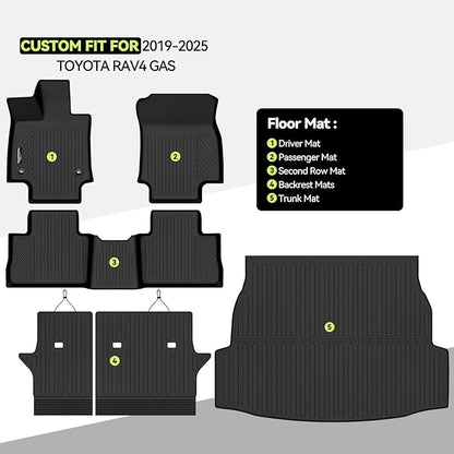 Tongama-Floor Mats for 2019-2024 2025 Toyota RAV4 Gas, All Weather TPE Floor Liners and Trunk Mat and Backrest Mats Protectors for Toyota RAV4 Gas Waterproof Interior Accessories