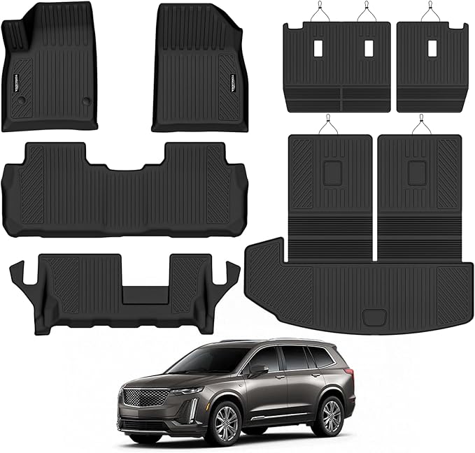 Tongama-Floor Mats for 2020-2026 Cadillac XT6 7 Seats with Bench Seats, All Weather TPE Floor Liners & 2nd Backrest Mats & Trunk Mat with Backrest Mat for Cadillac XT6 Waterproof Interior Accessories