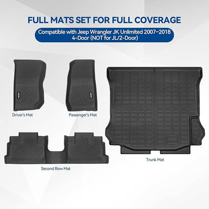 Custom Fit Floor Mats for Jeep Wrangler JK Unlimited 2007–2018 4-Door (NOT for JL/2-Door), All Weather TPE Floor Liners & Trunk Mat, Odorless Full Set Interior Accessories