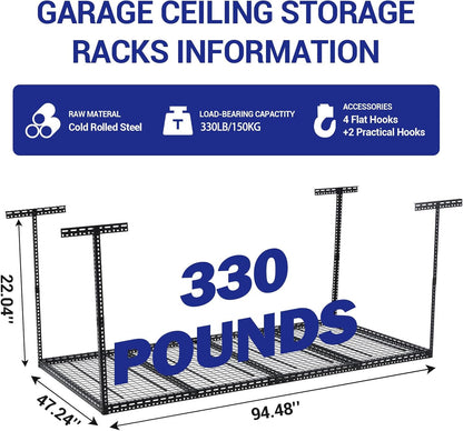 Overhead Garage Storage Rack 4x8 FT, Steel Ceiling Shelves 330lb Capacity, Height Adjustable 22-40 Inches, Space-Saving for Attic Basement Shed (Black, 4 Posts)