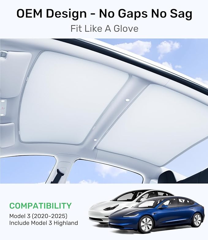 Zanch 2025 Tesla Model 3 Sunshade Roof [No-Sag, Heat Insulation] No Gaps Foldable Roof Glass Sun Shade for for Tesla Model 3 2020~2026 Highland Accessories