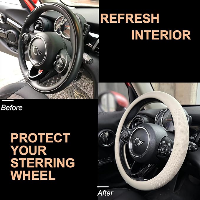 PINCTROT Nappa Leather Steering Wheel Cover, Slim Fit No Bulk Design, One Piece Leather with Breathable Perforation, Fit Like Gloves, Universal 14.5-15 Inch(Nappa Beige)