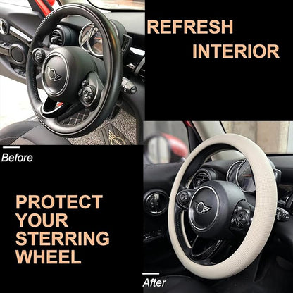 PINCTROT Nappa Leather Steering Wheel Cover, Slim Fit No Bulk Design, One Piece Leather with Breathable Perforation, Fit Like Gloves, Universal 14.5-15 Inch(Nappa Beige)