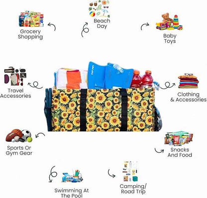 Extra Large Utility Tote Bag - Oversized Collapsible Reusable Wire Frame Rectangular Canvas Basket With Two Exterior Pockets For Beach, Pool, Laundry, Car Trunk, Storage - Sunflower