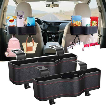 Backseat Car Organizer with Cup Holder, Premium Leather Backseat Car Organizer for Snacks, Canned Drinks, and Phone with Two Seat Hooks, Perfect for Travel - 2-Pack
