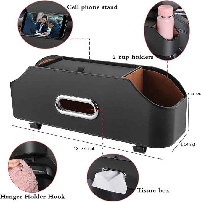 HOLDCY Car Back Seat Organizer with 2 Drink Cup Holder - Tissue Box and Storage Box Hook - Multi-functional Storage - Great for Kids and Travel (Black)