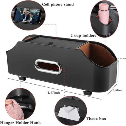 HOLDCY Car Back Seat Organizer with 2 Drink Cup Holder - Tissue Box and Storage Box Hook - Multi-functional Storage - Great for Kids and Travel (Black)