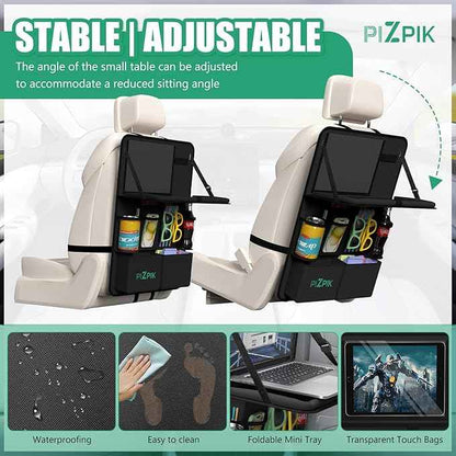 Car Backseat Organizer with Tablet Holder,11 Storage Pockets with Foldable Food Tray, Protector Kick Mats for Kids, Travel Accessories Organizer (Black, 1Pack with Food Tray)