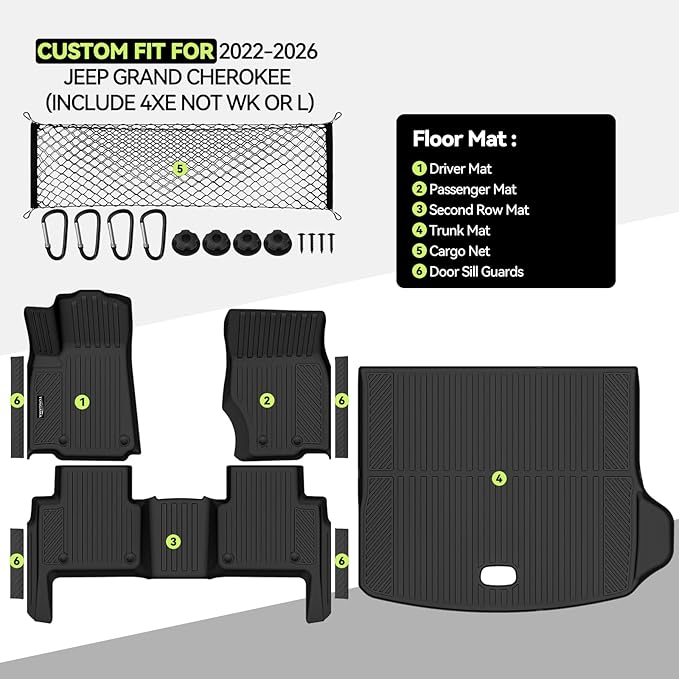 Tongama-Floor Mats for 2022-2025 2026 Jeep Grand Cherokee (Include 4xe Not WK or L), All Weather TPE Trunk Mat and Cargo Net and Door Sill Guards for Jeep Grand Cherokee Floor Liner Accessories