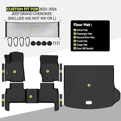 Tongama-Floor Mats for 2022-2025 2026 Jeep Grand Cherokee (Include 4xe Not WK or L), All Weather TPE Trunk Mat and Cargo Net and Door Sill Guards for Jeep Grand Cherokee Floor Liner Accessories