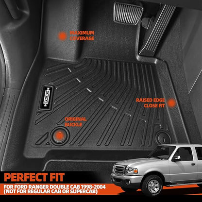Custom Fit Floor Mats for Ford Ranger Double Cab 1998-2004(Not for Regular Cab or SuperCab), All Weather TPE Floor Liners, Odorless Full Set Interior Accessories