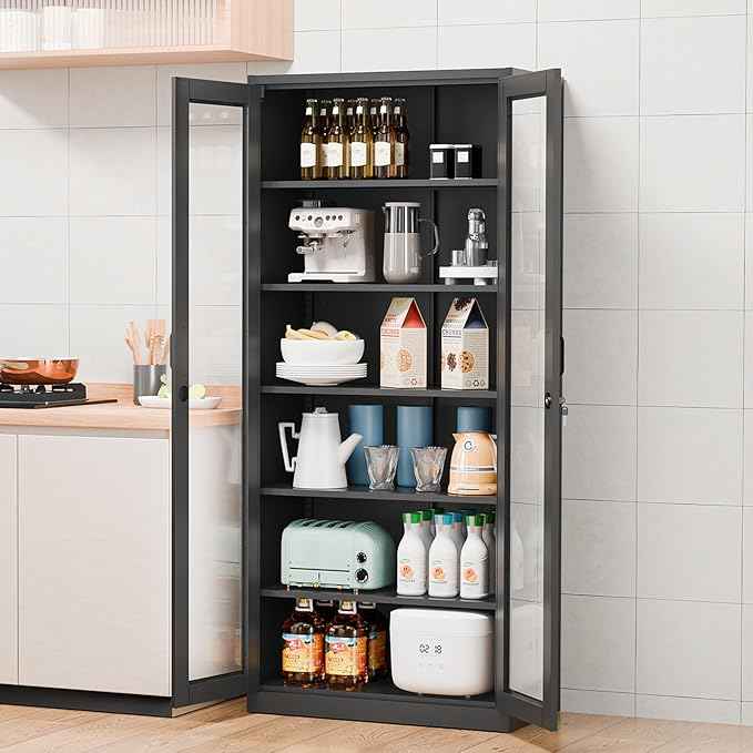 VINGLI Lockable Display Cabinet with Glass Doors & 5 Adjustable Shelves, 71" Tall Black Metal Storage Cabinet Curio Liquor, Bookshelf Bookcase for Home Office Living Room Pantry Garage