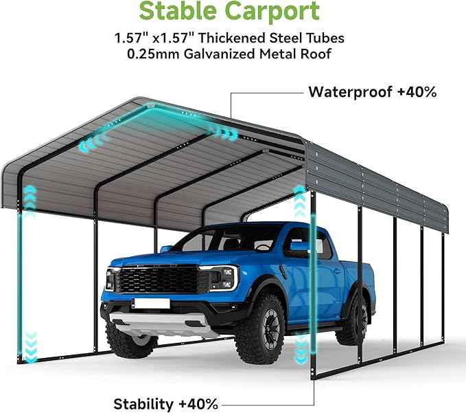12x20FT Metal Carport,Heavy Duty Carport with Reinforced Frame and Galvanized Steel Roof, Large Outdoor Garage Shelter Shade Car Port for Pickup Trucks, Boats, Cars & Tractors, Farm Tools, Party,Gray