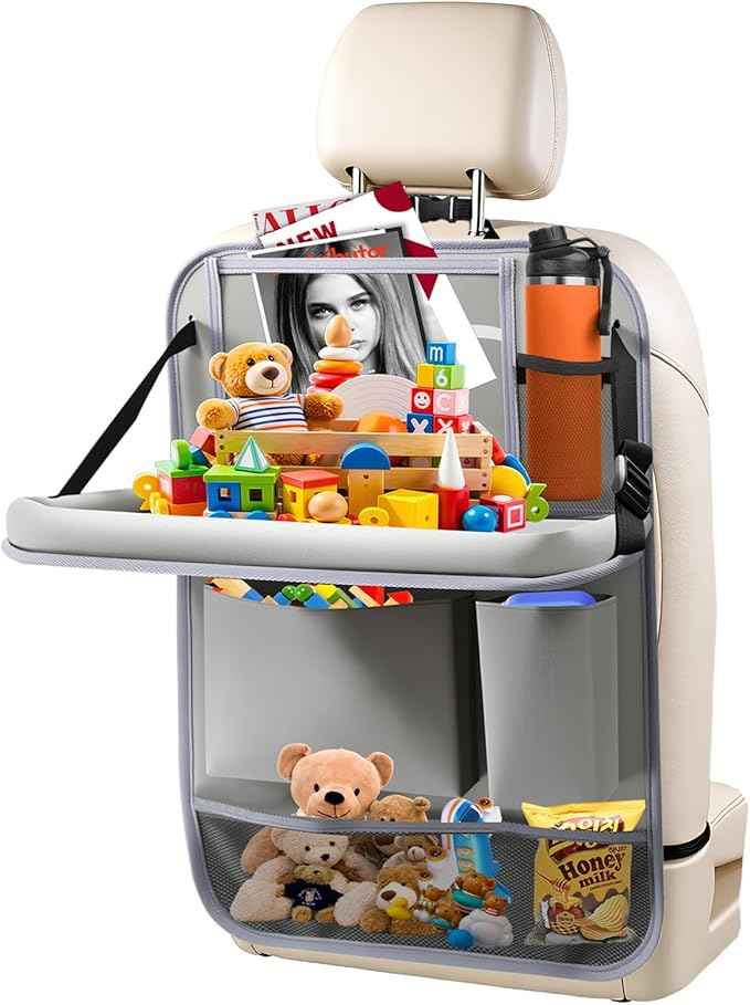 Car Backseat Organizer with Tablet Holder,6 Storage Pockets Car Storage Organizer with Foldable Food Tray,Kick Mats Backseat Protector Travel Accessories (Grey)
