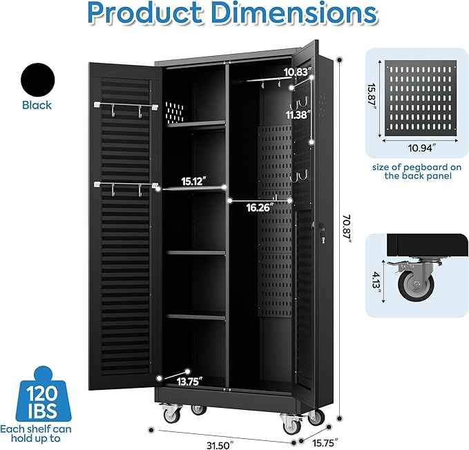 Aobabo Lockable Metal Storage Cabinet with 4 Adjuatable Shelves,Garage Storage Cabinet with Wheels and 5 Remove Pegboard,Required Assembly,Black,70.87''H*31.5''W*15.75''D